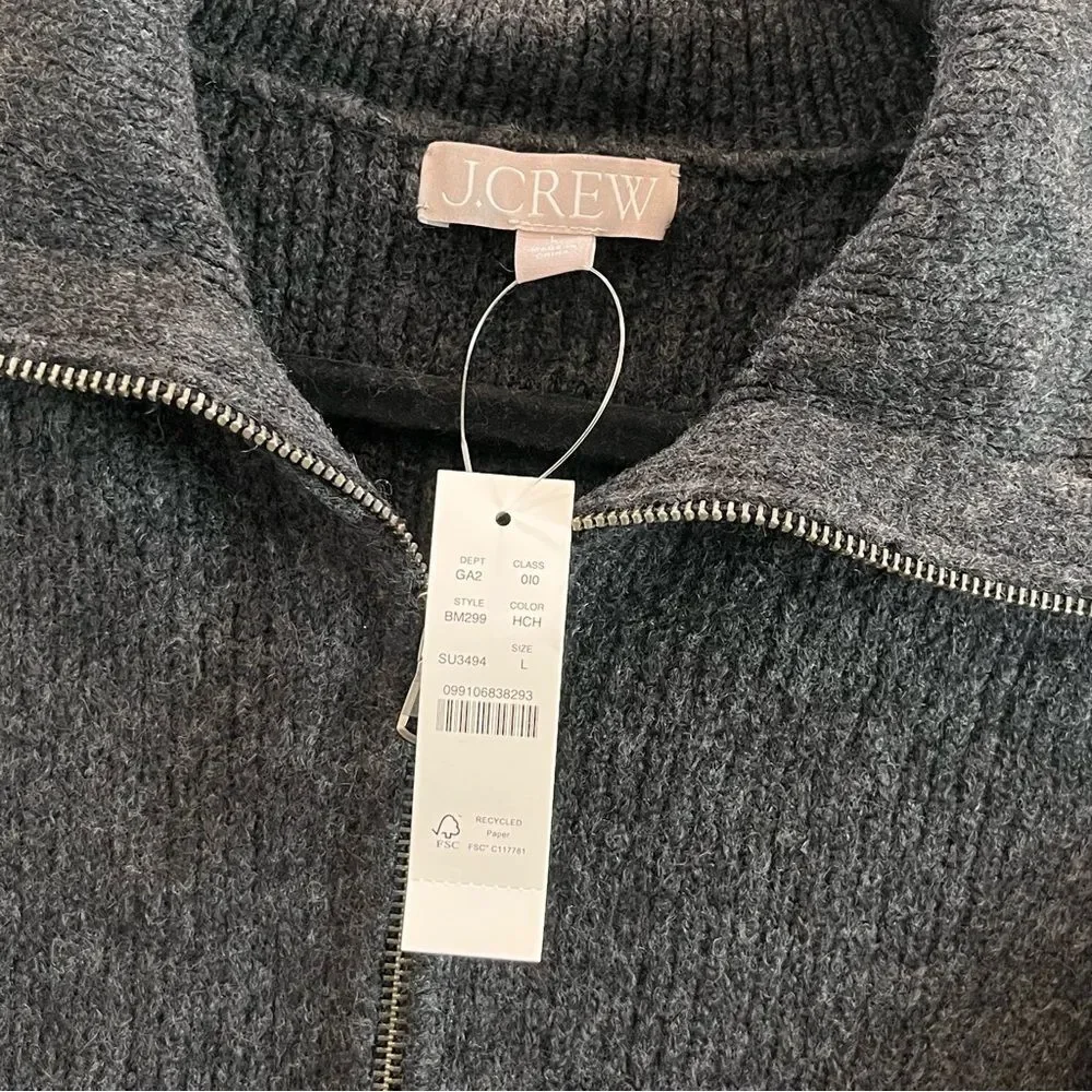 J. Crew Half Zip Stretch Merino Wool Sweater in Heather Charcoal NWT! size Large